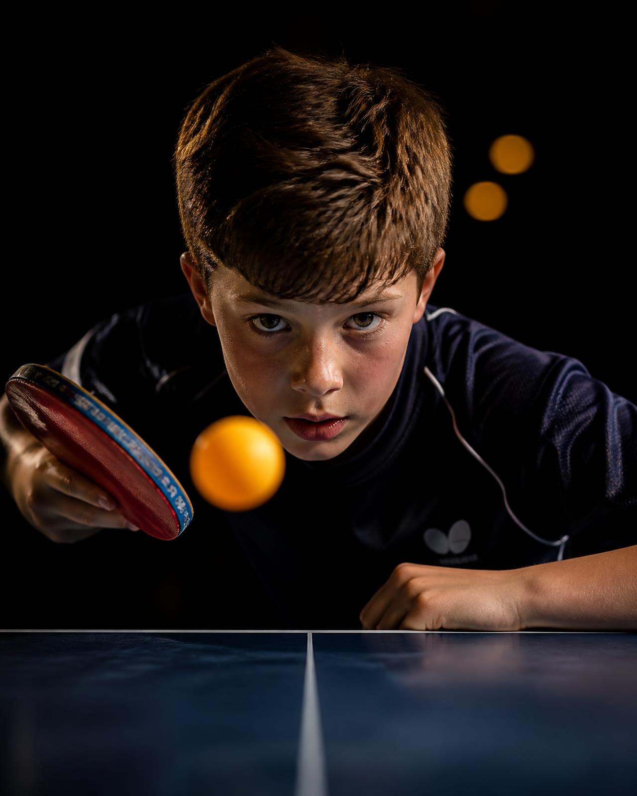 Joven atleta de tenis de mesa concentrado durante un entrenamiento